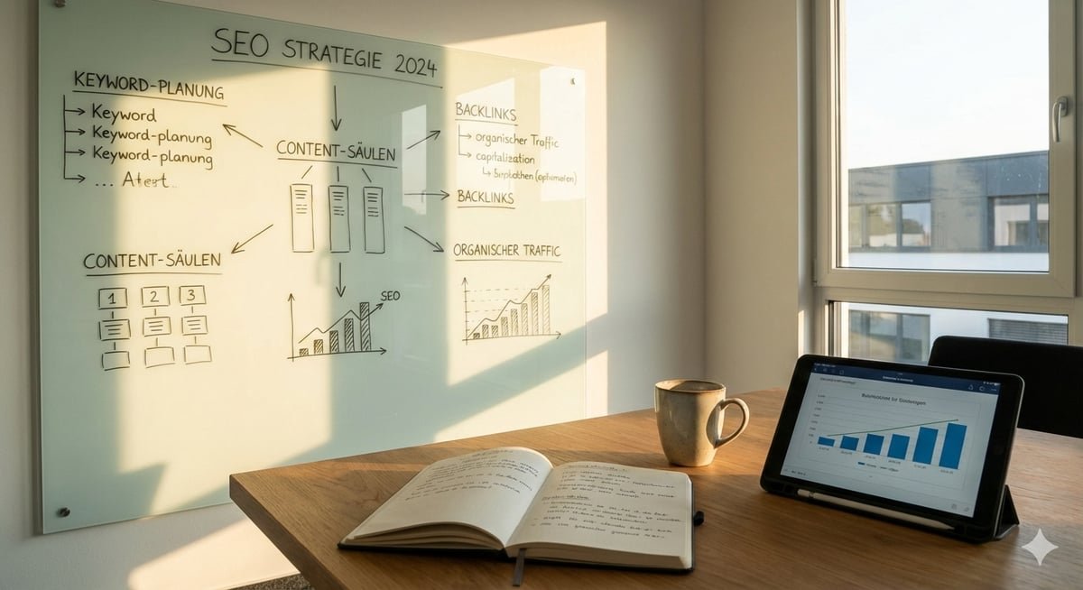 Website- und SEO-Strategie: Whiteboard mit Keyword-Planung und Content-Säulen